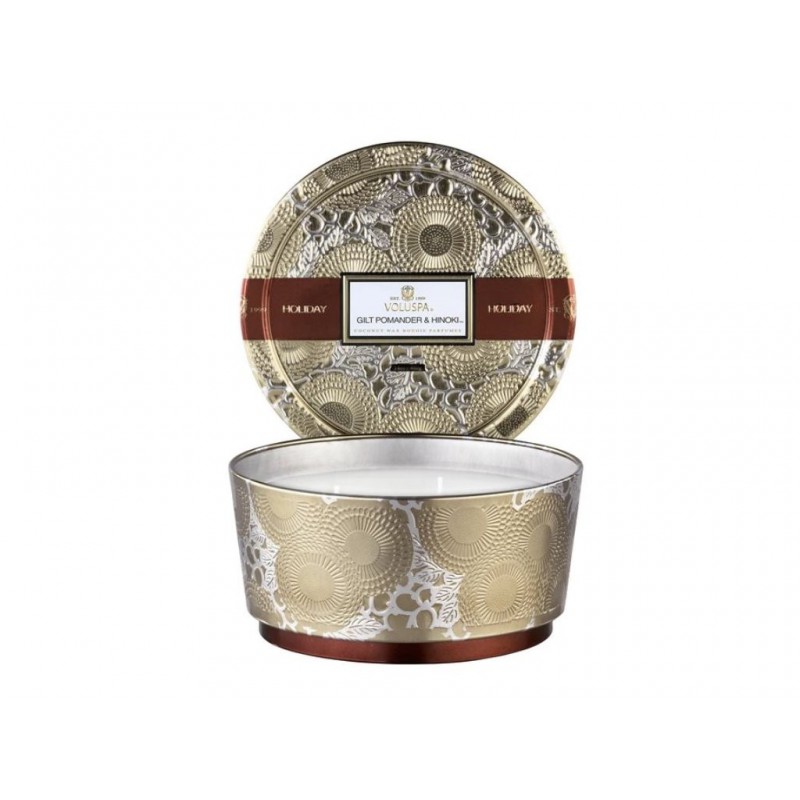 VOLUSPA JAPONICA GILT POMANDER & HINOKI HOLIDAY 3 WICK PEDESTAL TIN