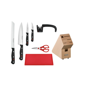Stojan so 4 ks nožov GOURMET s ocieľkou, nožnicami, brúskou a doskou na krájanie